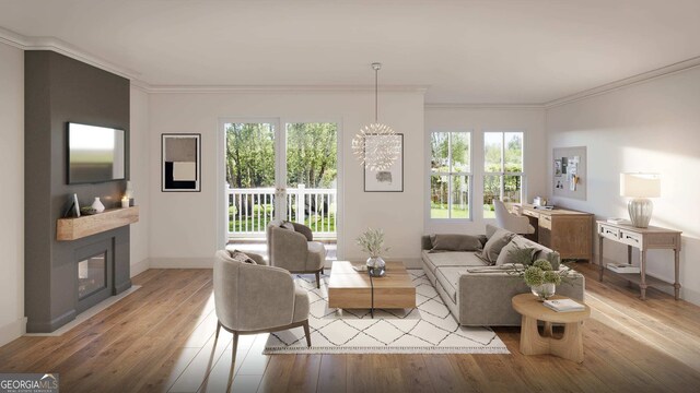 living room with hardwood / wood-style flooring, plenty of natural light, and crown molding