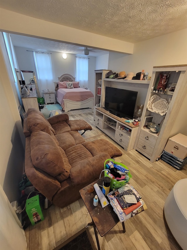 living room featuring wood-type flooring and a textured ceiling