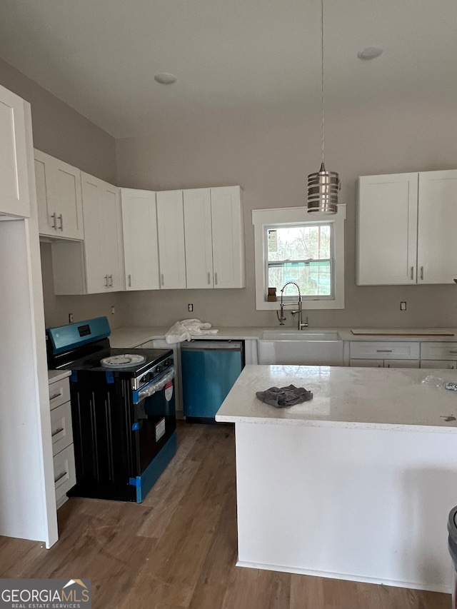 kitchen with black electric range, white cabinetry, decorative light fixtures, dark hardwood / wood-style floors, and dishwasher