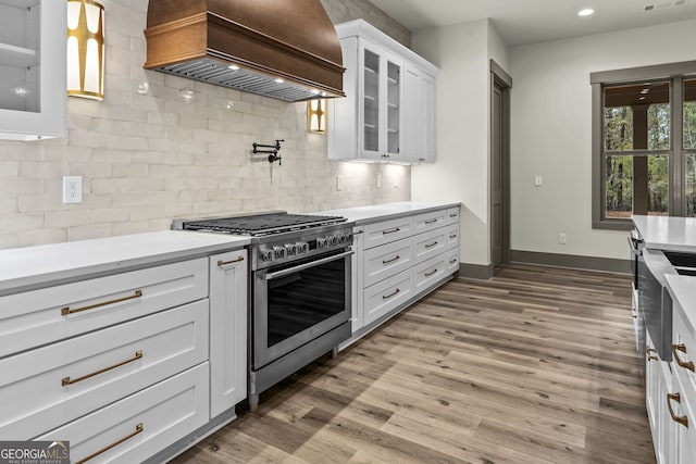 kitchen featuring premium range hood, white cabinetry, dark hardwood / wood-style floors, decorative backsplash, and stainless steel range