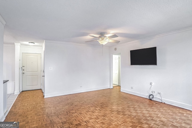 unfurnished living room with ornamental molding, a textured ceiling, light parquet floors, and ceiling fan