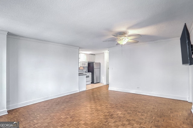 unfurnished living room with parquet flooring, ceiling fan, and a textured ceiling