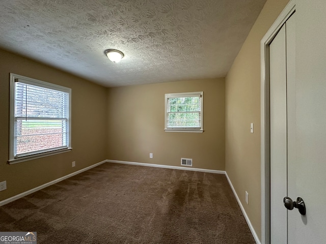 carpeted spare room with a textured ceiling and plenty of natural light