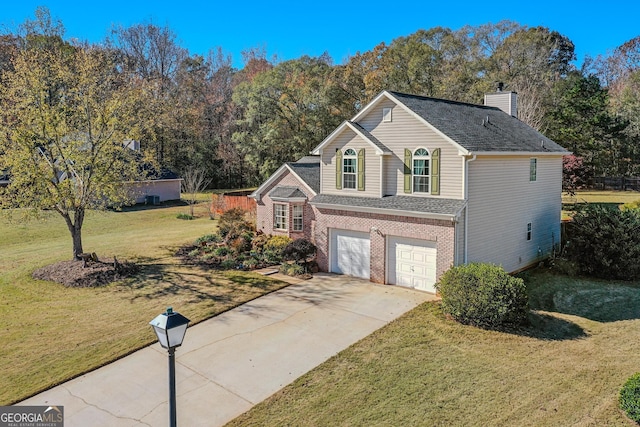 view of home's exterior with a garage and a lawn