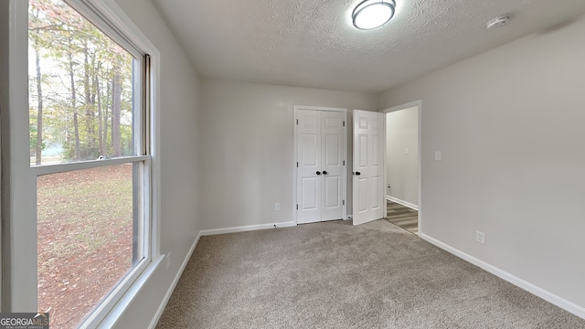 spare room with a textured ceiling, carpet floors, and plenty of natural light