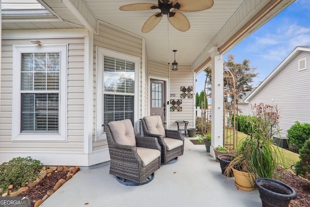 view of patio featuring a porch and ceiling fan