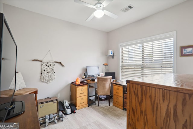 office featuring light hardwood / wood-style flooring and ceiling fan