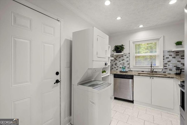 3018 Wanda Cir SW, Atlanta, GA 30315 - kitchen featuring stainless steel dishwasher, a sink, open shelves, white cabinets, and tasteful backsplash