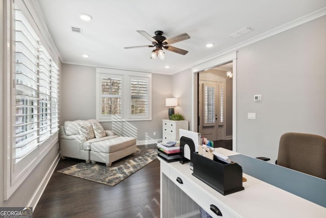 office area featuring dark wood-type flooring, ceiling fan, and ornamental molding