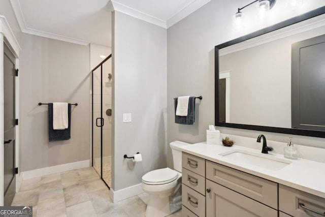 bathroom with toilet, vanity, an enclosed shower, and ornamental molding