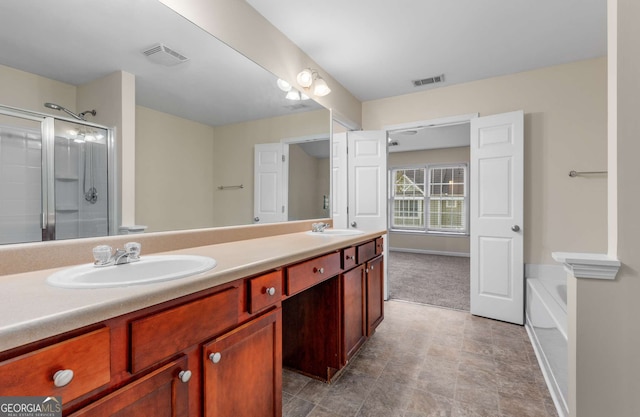 bathroom with vanity and plus walk in shower