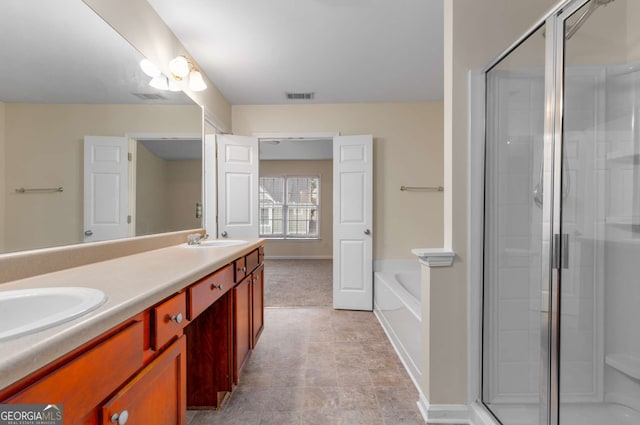 bathroom with vanity and plus walk in shower