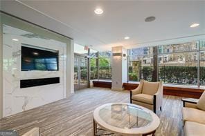 living room featuring a fireplace