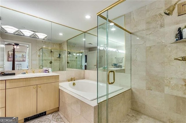 bathroom featuring vanity and plus walk in shower