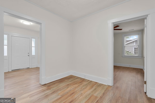 entryway with light hardwood / wood-style flooring, ceiling fan, and plenty of natural light