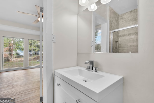 bathroom with walk in shower, wood-type flooring, and vanity