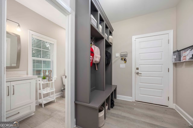 mudroom with light hardwood / wood-style flooring