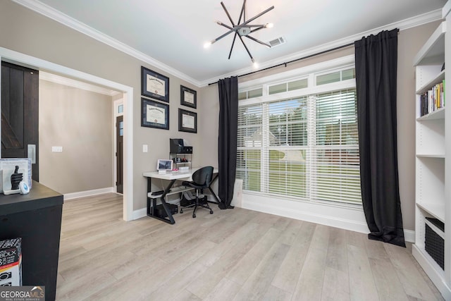 office space featuring ornamental molding, a chandelier, and light hardwood / wood-style floors