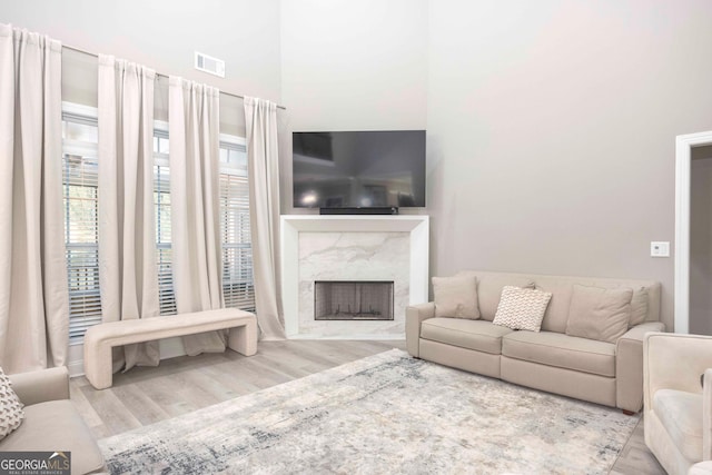 living room with a premium fireplace, light hardwood / wood-style floors, and a healthy amount of sunlight