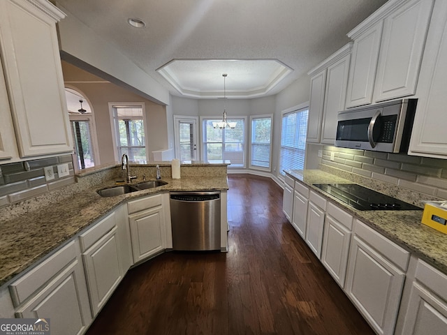 kitchen featuring sink, a raised ceiling, decorative backsplash, white cabinets, and appliances with stainless steel finishes