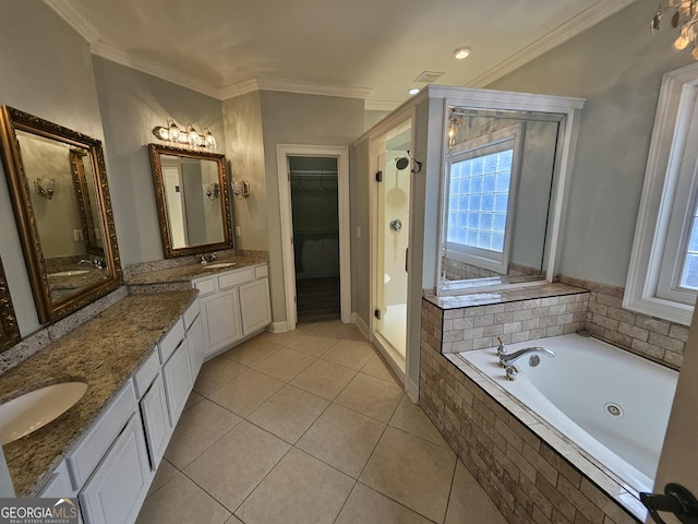 bathroom with tile patterned floors, vanity, crown molding, and plus walk in shower