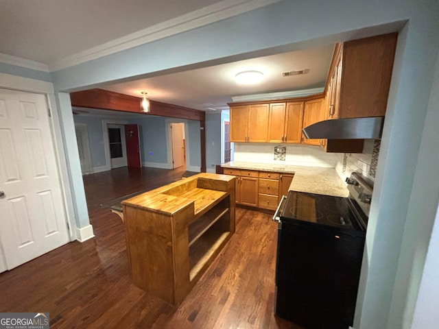 kitchen with butcher block countertops, a center island, black electric range, ornamental molding, and backsplash