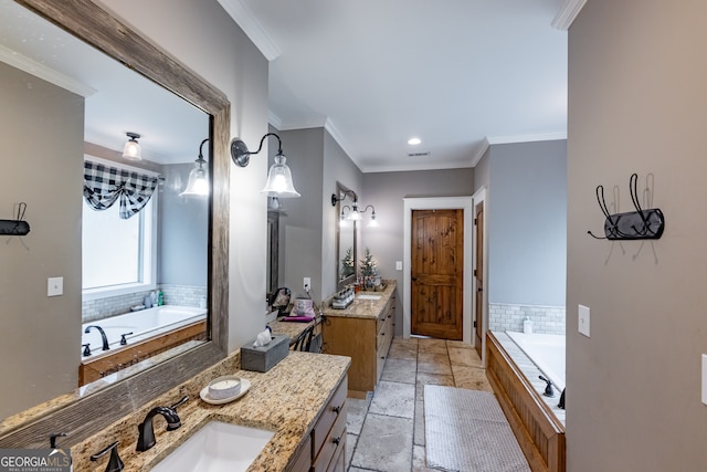 bathroom featuring vanity, a bathtub, and ornamental molding