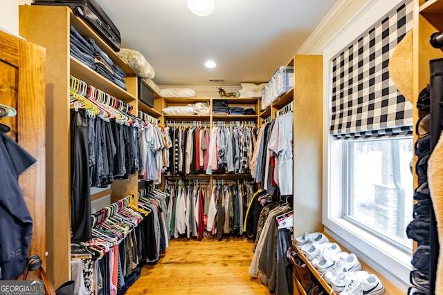 walk in closet with light hardwood / wood-style floors