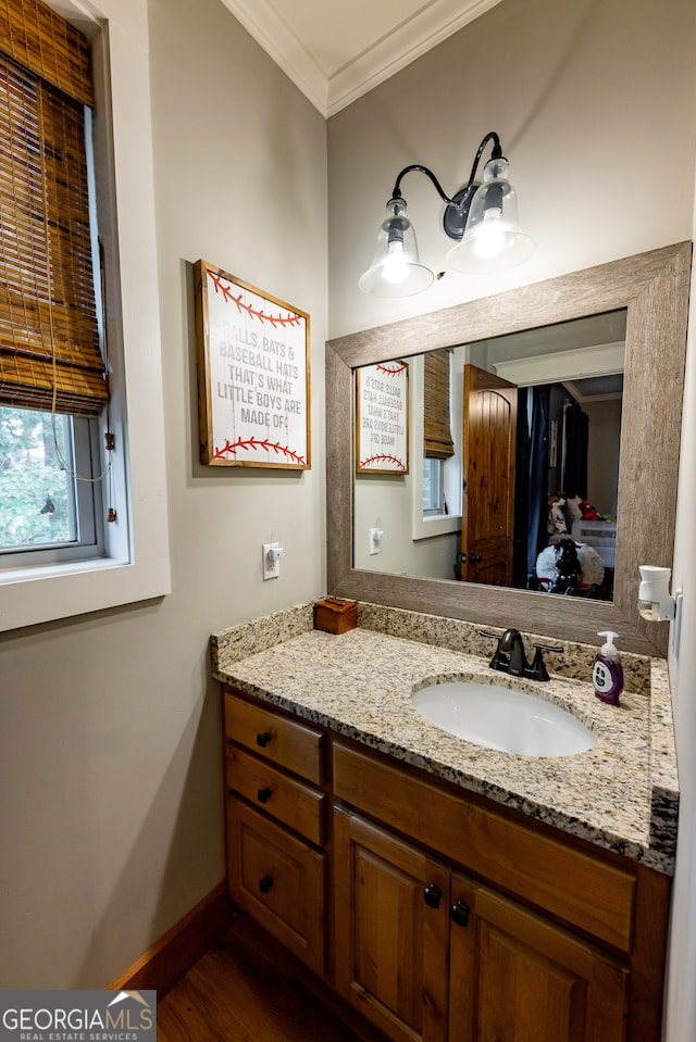 bathroom with hardwood / wood-style floors, vanity, and crown molding