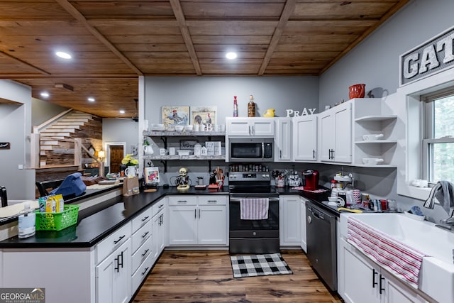 kitchen featuring stainless steel appliances, dark hardwood / wood-style flooring, white cabinets, sink, and wooden ceiling