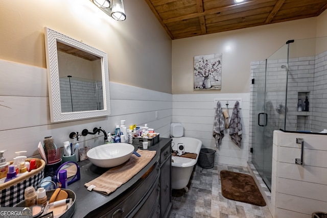 bathroom featuring independent shower and bath, vanity, and wood ceiling