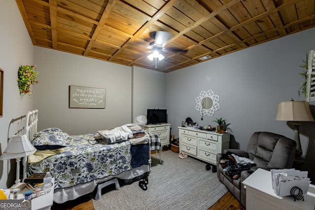 bedroom featuring wood-type flooring, ceiling fan, and wooden ceiling