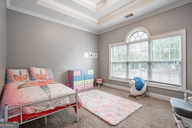 carpeted bedroom featuring multiple windows and crown molding