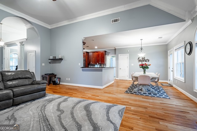 living room with ornate columns, crown molding, and light wood-type flooring