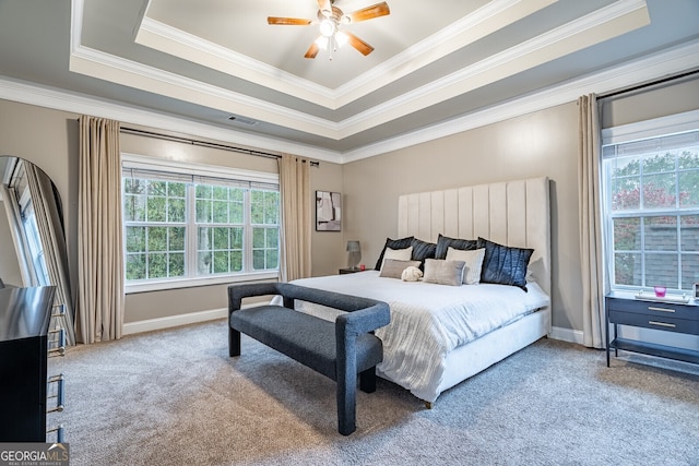 bedroom with carpet flooring, ceiling fan, a raised ceiling, and crown molding