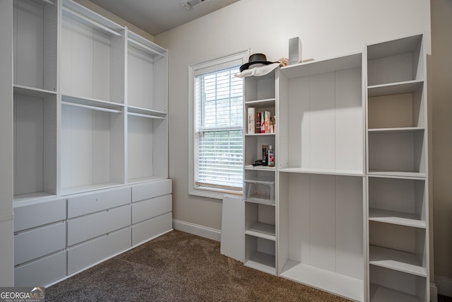 walk in closet featuring dark colored carpet