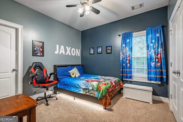 bedroom with carpet and ceiling fan