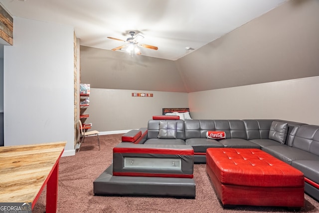 carpeted living room with ceiling fan and lofted ceiling