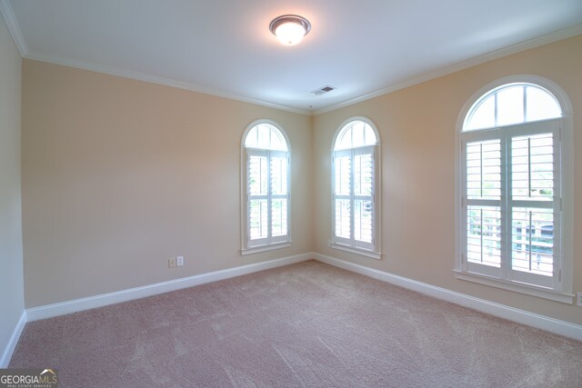 carpeted empty room with ornamental molding