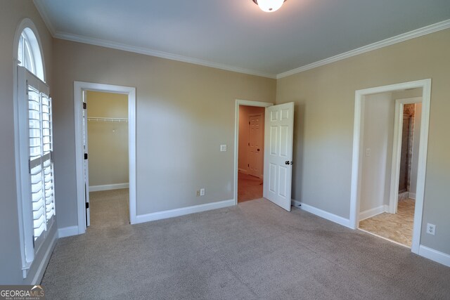 unfurnished bedroom featuring crown molding, a spacious closet, a closet, and light carpet