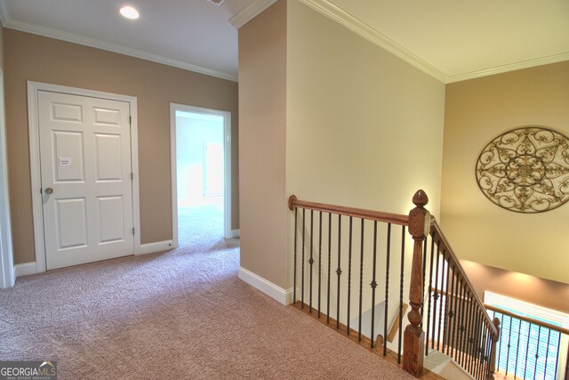 hallway featuring light carpet and crown molding