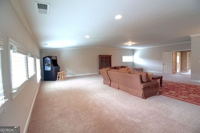 carpeted living room with lofted ceiling and ornamental molding