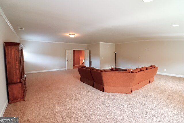 unfurnished living room featuring light colored carpet and crown molding