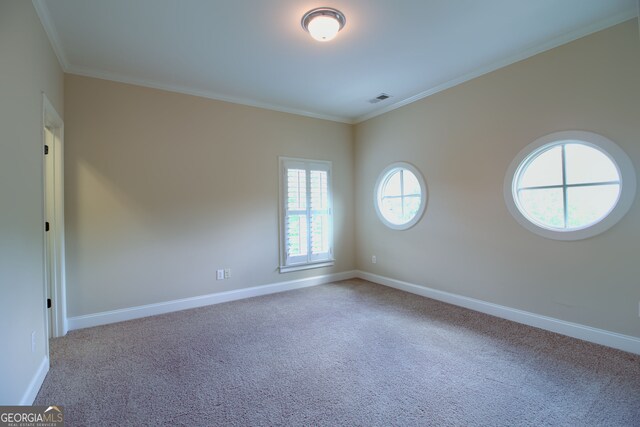 carpeted empty room with ornamental molding