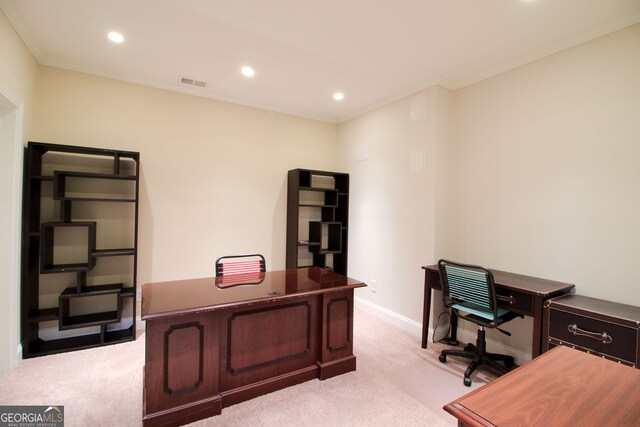 office with light colored carpet and ornamental molding