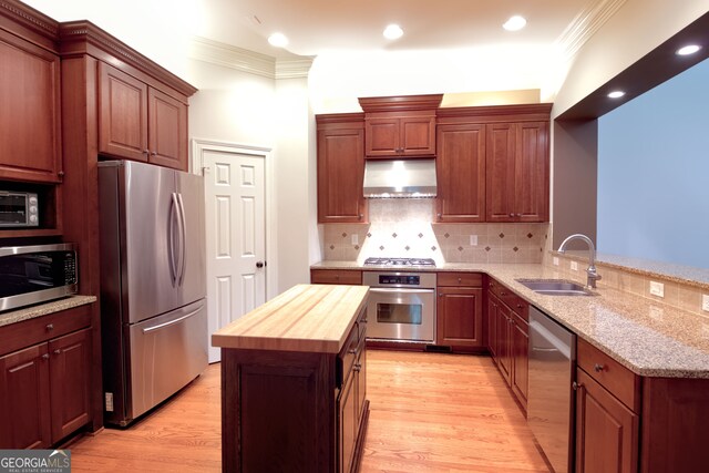 kitchen with butcher block counters, kitchen peninsula, light wood-type flooring, and appliances with stainless steel finishes