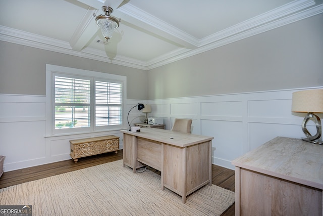 home office with beam ceiling, hardwood / wood-style floors, coffered ceiling, and ornamental molding