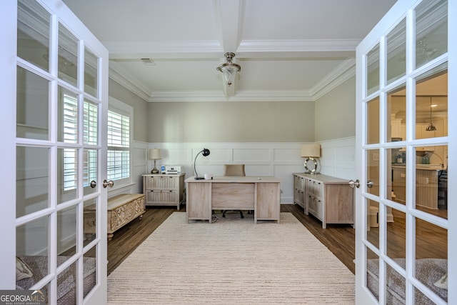 office featuring beam ceiling, dark hardwood / wood-style flooring, french doors, and ornamental molding