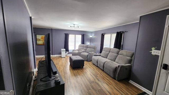 living room featuring wood-type flooring and ornamental molding