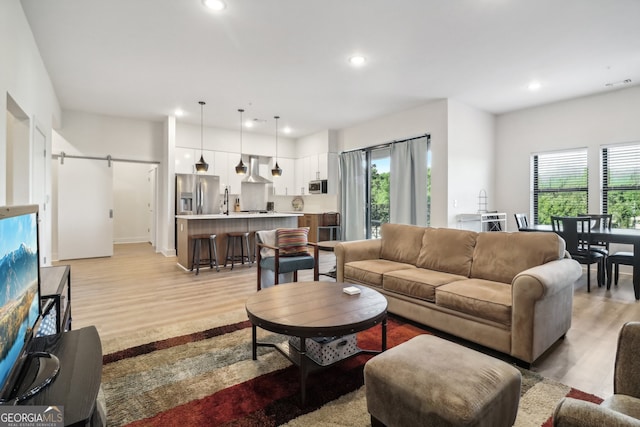 living room featuring sink, light wood-type flooring, and a barn door